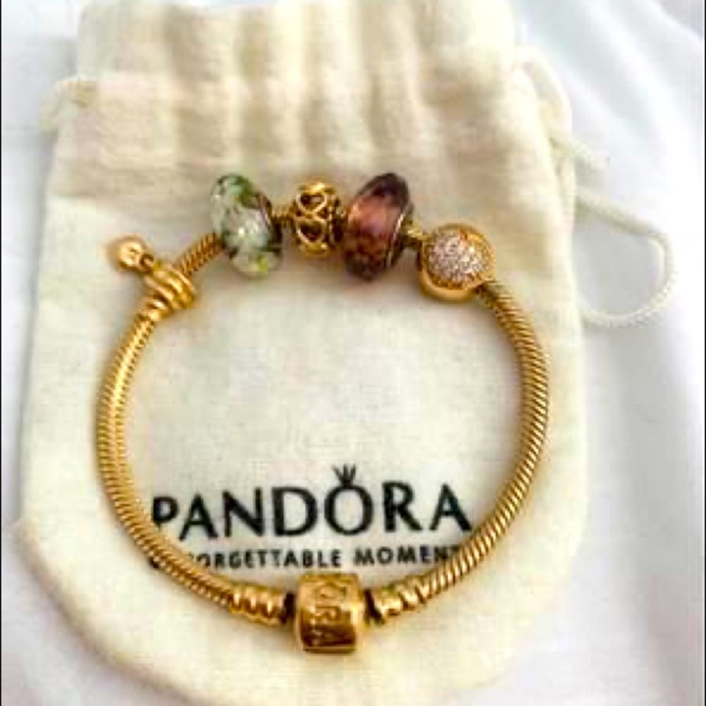 Pandora 14k gold bracelet with 14k gold charms!